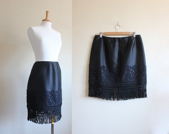 Vintage Chetta B Black Silk Skirt with Lace Appliqué and Fringe Trim