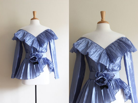 Vintage Periwinkle Ruffle Pleat Peplum Top