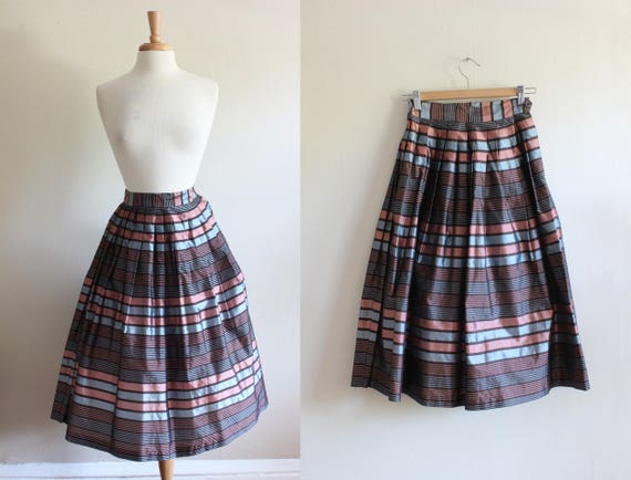 1950s Skirt / Vintage Pink & Blue Stripe Taffeta F