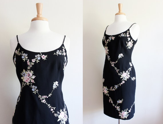 Vintage 1990s Floral Embroidered Black Dress