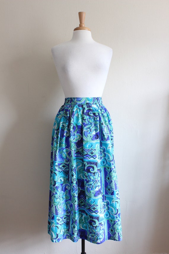 Vintage Green & Blue Print Silk Midi Skirt - image 2