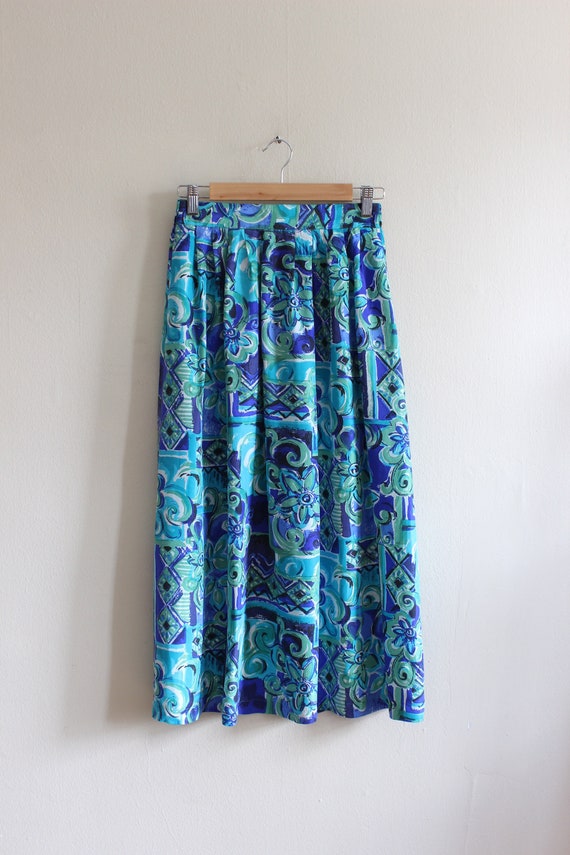 Vintage Green & Blue Print Silk Midi Skirt - image 6