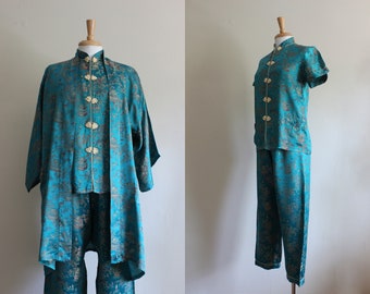 Vintage Solz Squirrel Teal Floral 3-Piece Set with Robe