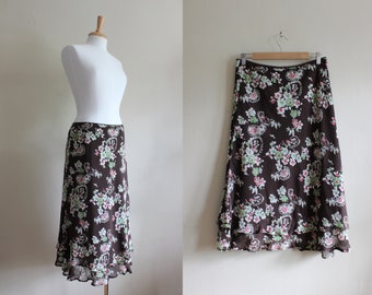 Vintage Y2K Pink, Green & Brown Print Bias Cut Chiffon Skirt