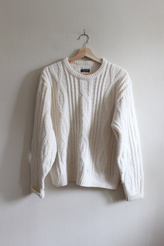Vintage 1960s Off White Cable Knit Slouchy Pullov… - image 2