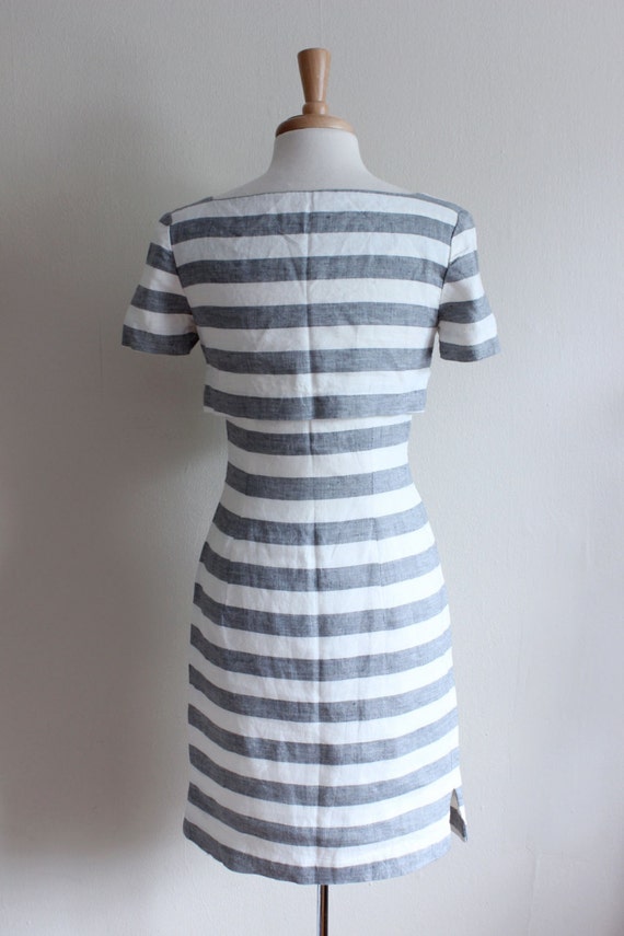 Vintage Geary Roark Grey & White Stripe Linen Dre… - image 5