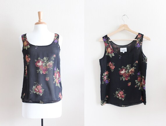 Vintage 1990s Black Floral Sheer Chiffon Top - image 1