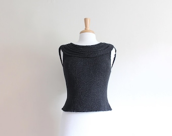 Vintage Black Beaded Draped Neckline Tank Top