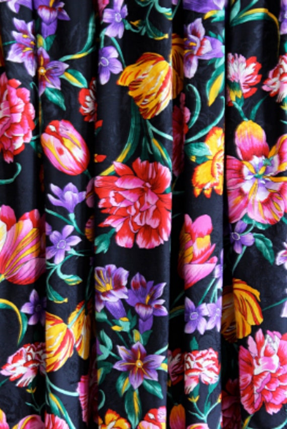 Vintage Black & Multicolor Floral 100% Silk Midi … - image 3