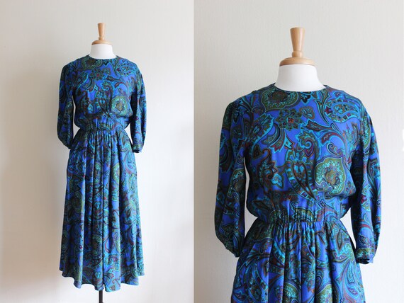 Vintage 1980s Green & Blue Paisley Midi Dress - image 1