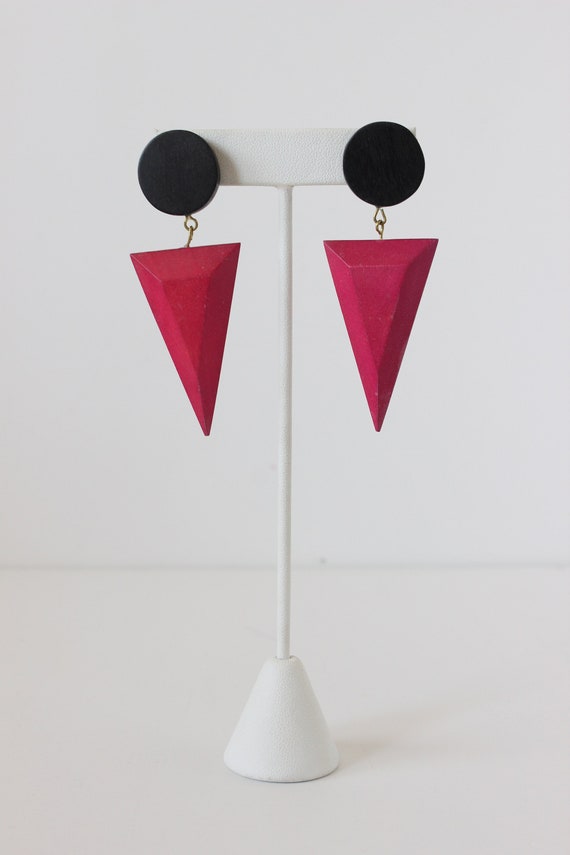 Vintage 1980s Pink & Black Wood Dangle Earrings