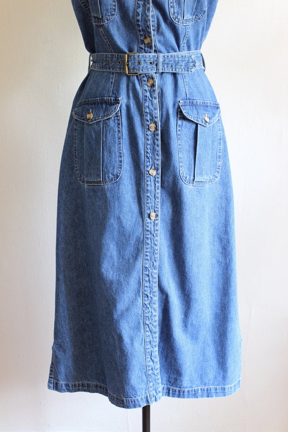 Vintage 1990s Button Front Belted Denim Dress - image 5