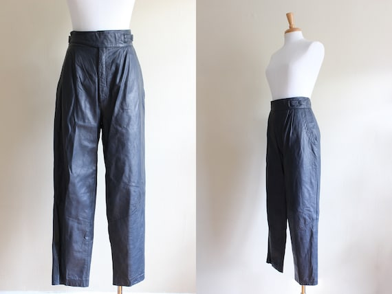 Vintage 1980s Navy Blue High Waist Leather Pants