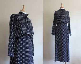 Vintage Navy Blue Polka Dot Blouse & Skirt 2-Piece Coordinating Set