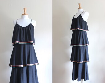 Vintage 1970s Rainbow Trim Tiered Black Maxi Dress