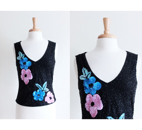 Vintage 1990s Cache Black Floral Beaded Top - image 1