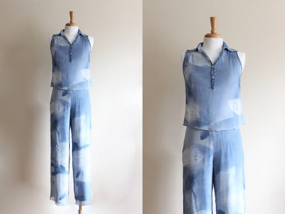 Vintage 1990s Blue Watercolor Silk Chiffon Top an… - image 1