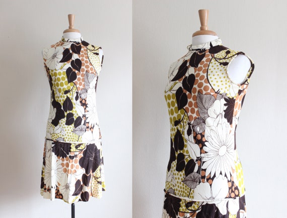 Vintage 1960s Sacony Brown & Green Floral Mod Dres