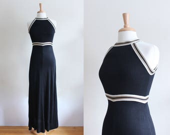 Vintage 1970s Cream Stripe Trim Black Knit Maxi Dress