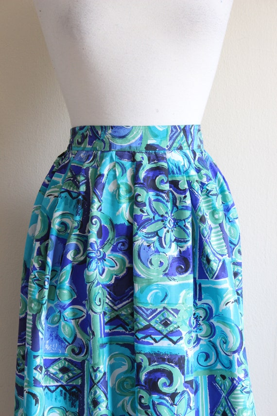 Vintage Green & Blue Print Silk Midi Skirt - image 4