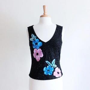 Vintage 1990s Cache Black Floral Beaded Top