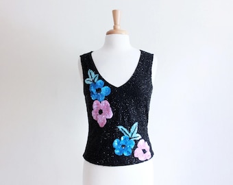 Vintage 1990s Cache Black Floral Beaded Top