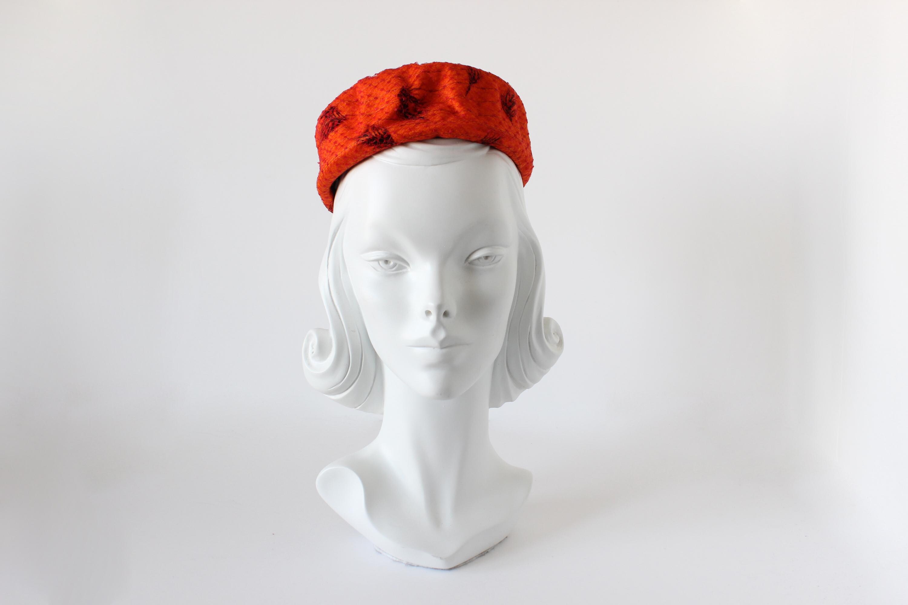 Vintage Orange Fischer Pillbox Hat w/ Feathers church hat pinup retro Orange Pillbox Hat - Etsy main image 4
