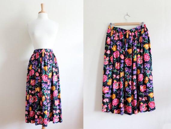 Vintage Black & Multicolor Floral 100% Silk Midi … - image 1