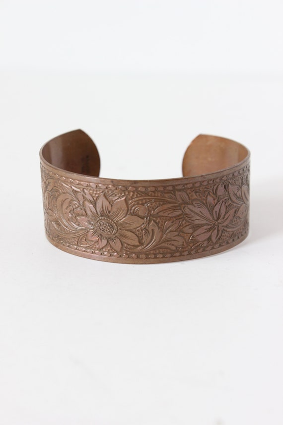 Vintage 1970s Solid Copper Tooled Cuff Bracelet - image 2
