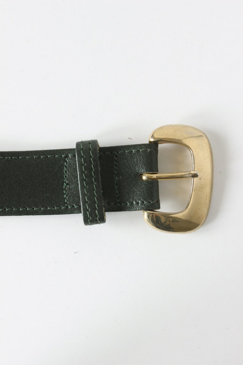 Vintage Dark Green Leather Belt with Gold Tone Buckle image 7