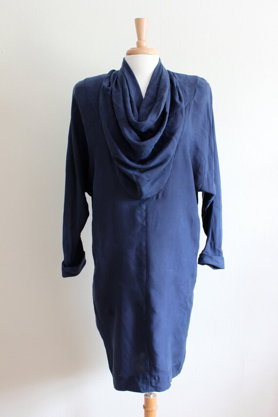 Vintage 1980s Long Sleeve Navy Blue Draped Silk D… - image 3