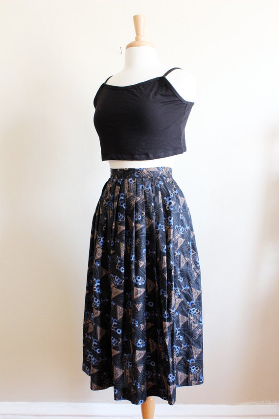 Vintage Black, Blue & Bronze Abstract Midi Skirt - image 2