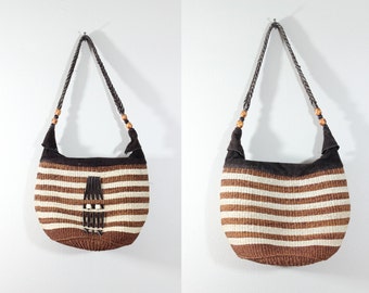 Vintage Brown and White Stripe Woven Sisal & Suede Shoulder Bag