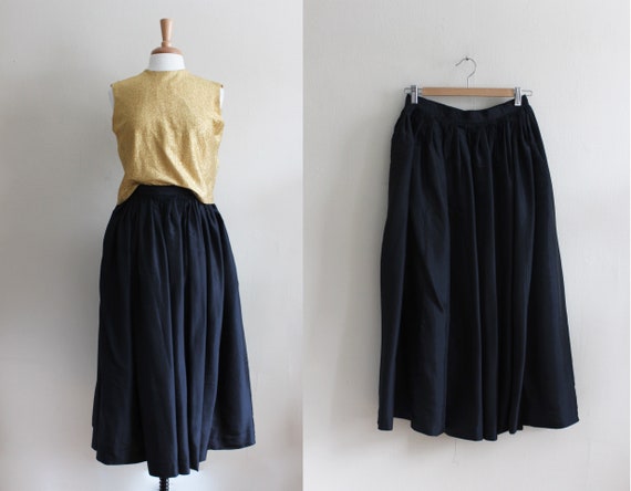 Vintage Full Pleated Black Midi Skirt