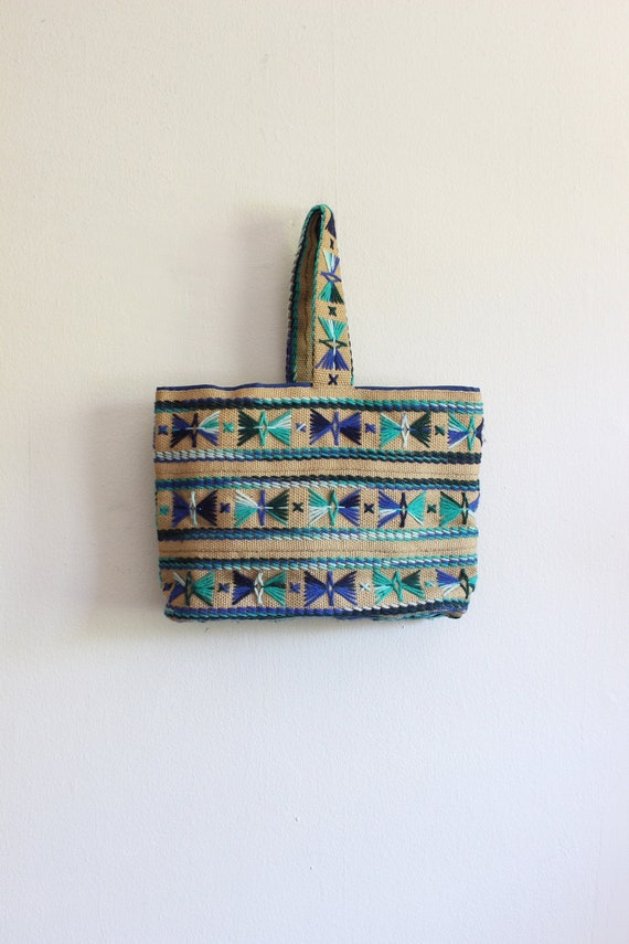 Vintage Green & Blue Embroidered Burlap Tote Bag