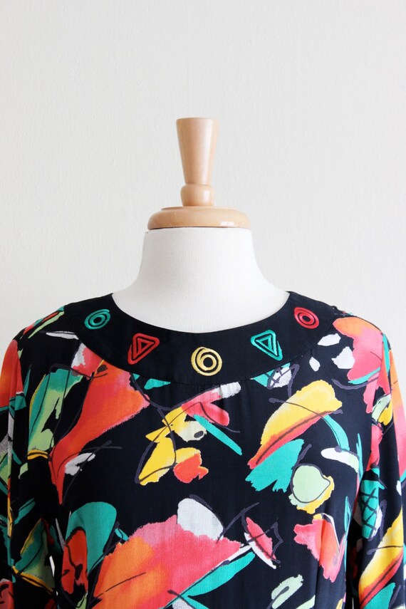 Vintage Black & Multicolor Abstract Long Sleeve D… - image 3