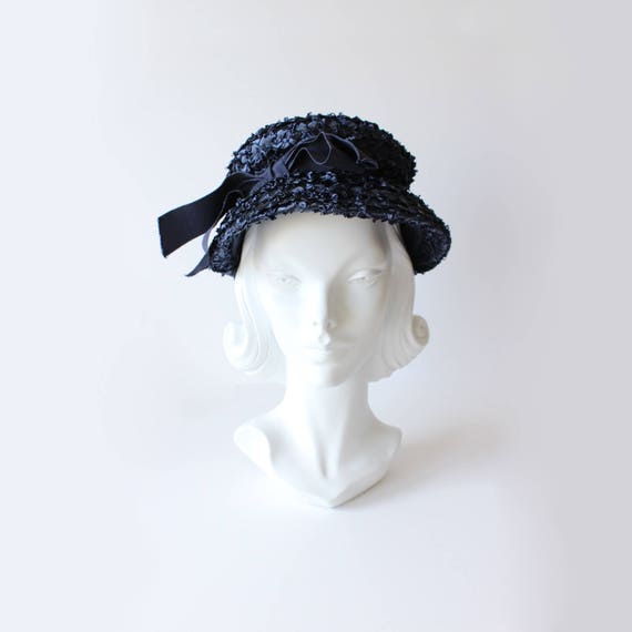 Vintage 1960s Navy Blue Woven Cello Straw Hat - image 1