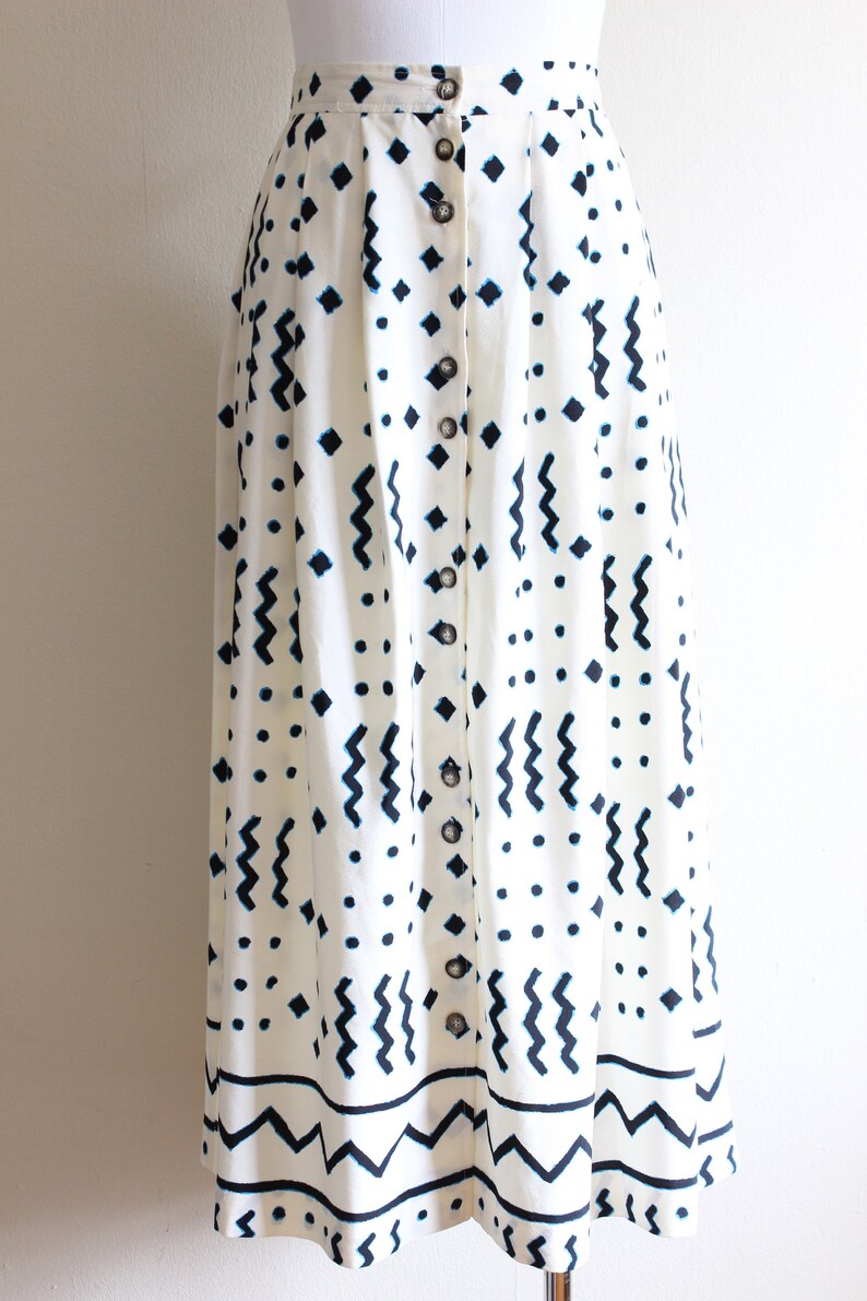 Vintage Counterparts White Black and Blue Print Midi Skirt