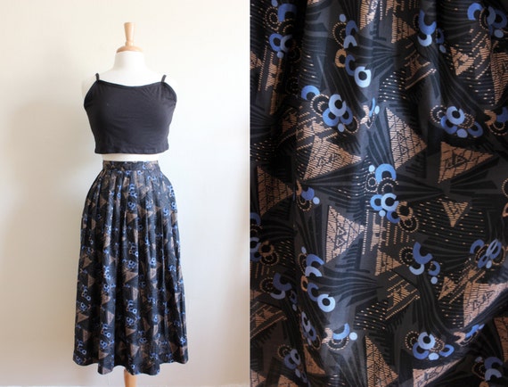 Vintage Black, Blue & Bronze Abstract Midi Skirt - image 1