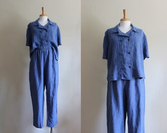 Vintage FLAX Blue Linen Top and Pants 2-Piece Coordinating Set