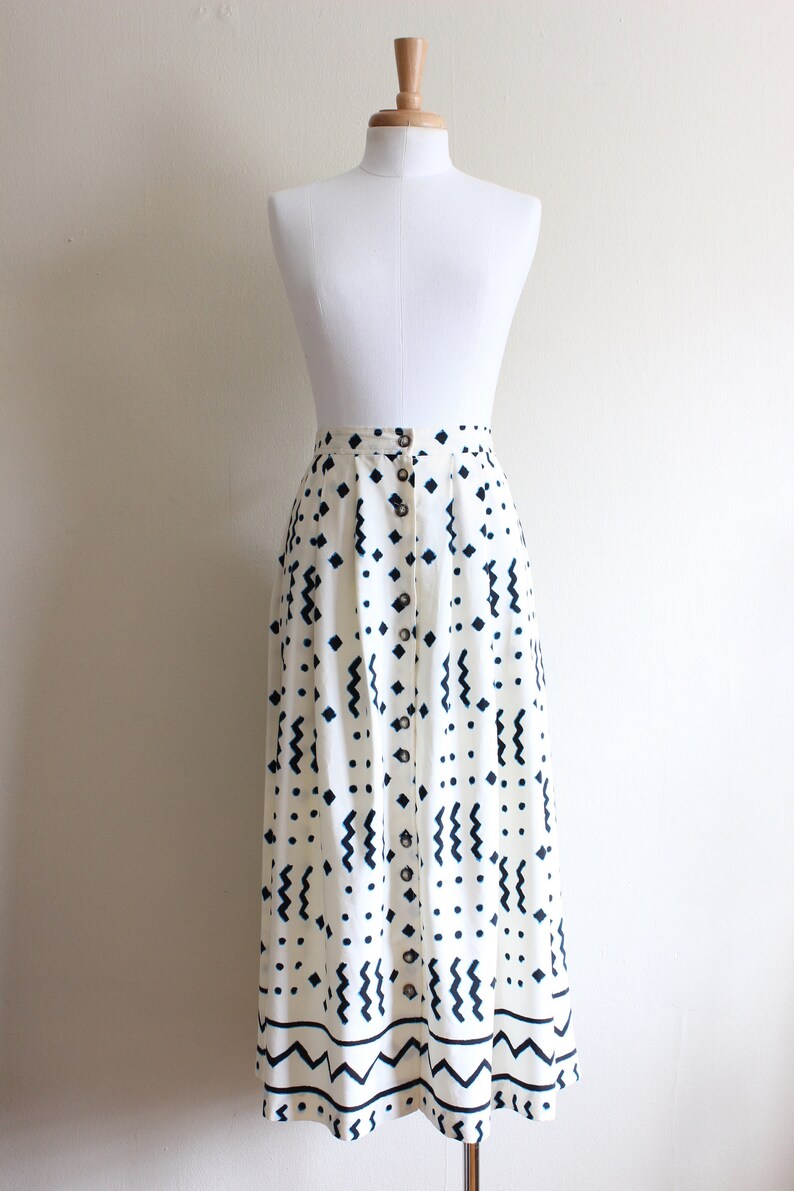 Vintage Counterparts White Black and Blue Print Midi Skirt