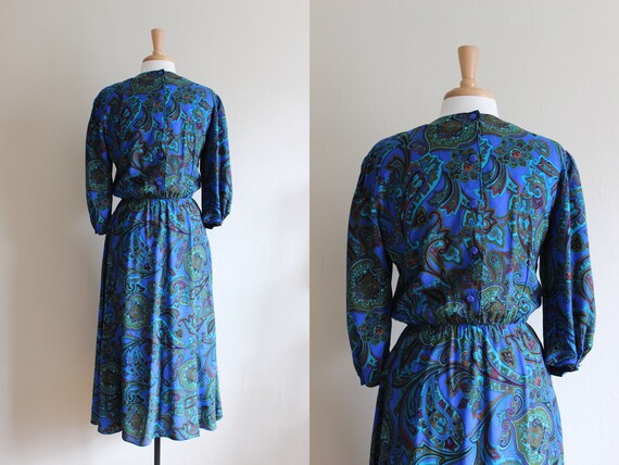 Vintage 1980s Green & Blue Paisley Midi Dress - image 9