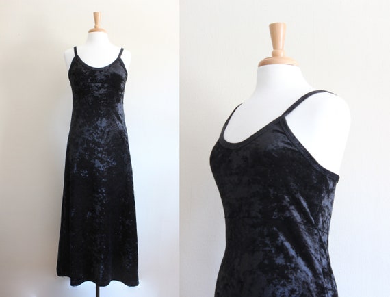 Vintage 1990s Black Stretch Crushed Velvet Maxi Dr