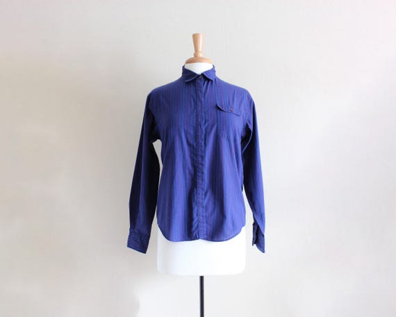 Halston, Vintage Halston III Navy Blue Pinstripe Button Down Top