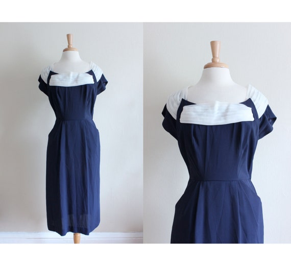 Vintage 1950s White Pleated Organza Collar Navy B… - image 1