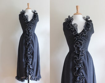 Vintage 1960s Black Polka Dot Ruffled Dress