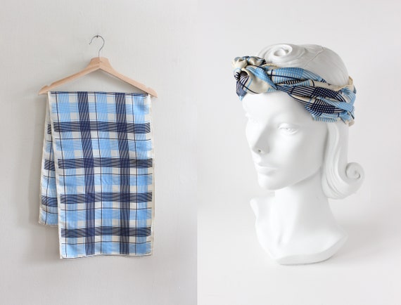 Vintage Blue Plaid Silk Blend Echo Scarf - image 1