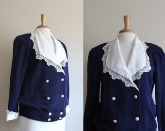 Vintage 1980s Navy Cardigan Sweater with Oversize White Lace Collar