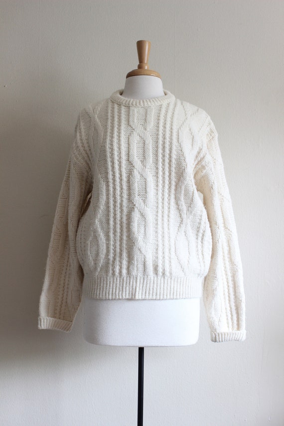 Vintage 1960s Off White Cable Knit Slouchy Pullov… - image 3