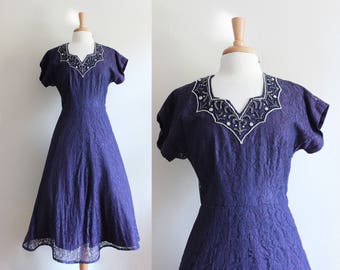 Vintage 1950s Beaded Purple Lace Party Dress